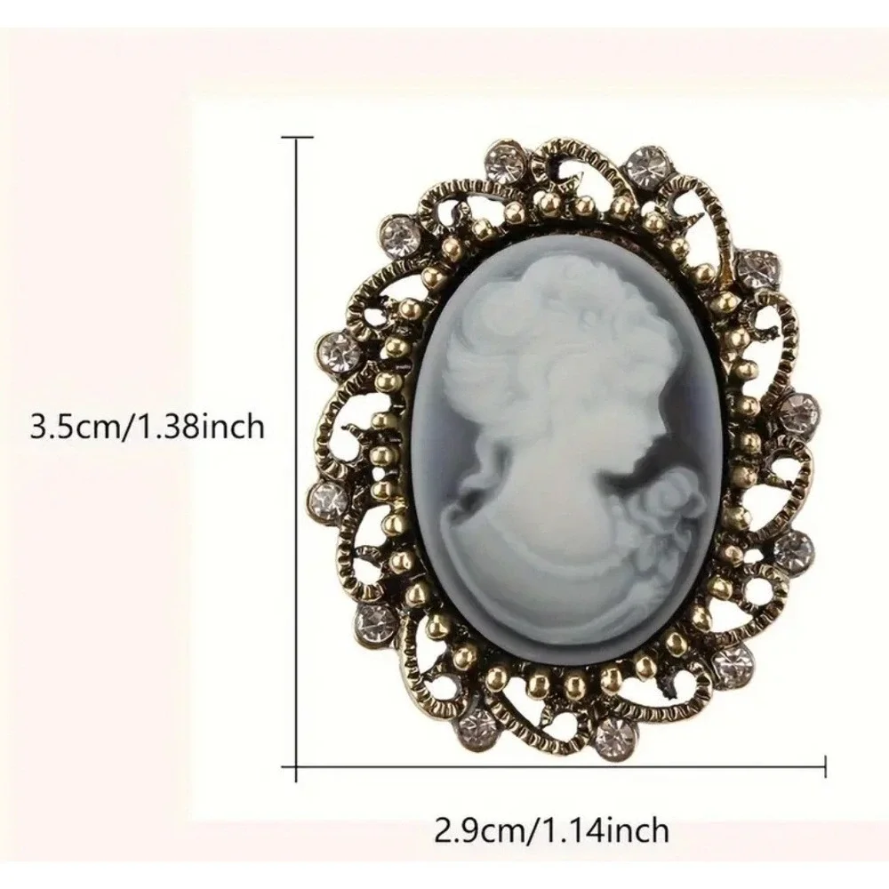 Vintage Style Cameo Brooch Pin Antique‎ Brown Gold Tone Rhinestone Lady Profile